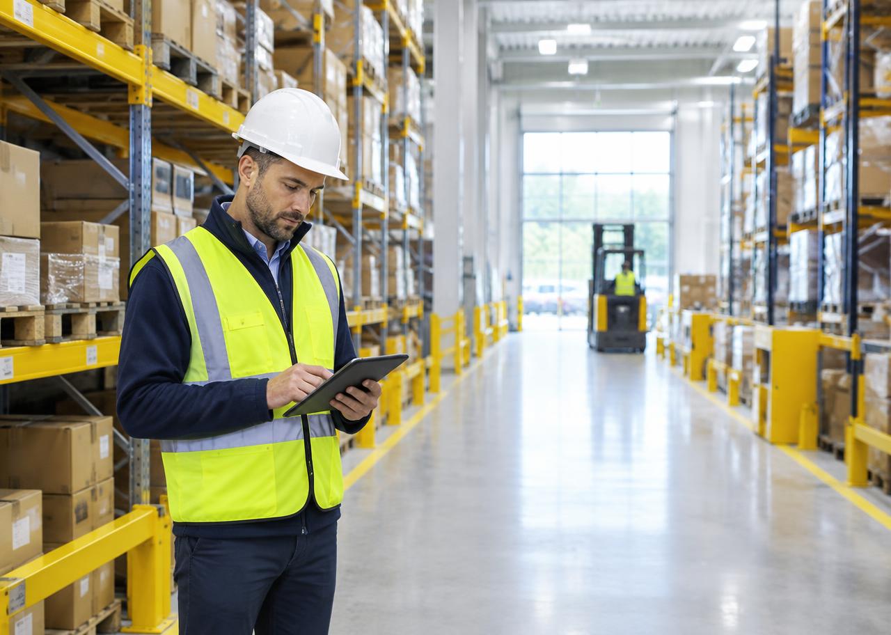 Logistics professional managing shipments in a warehouse